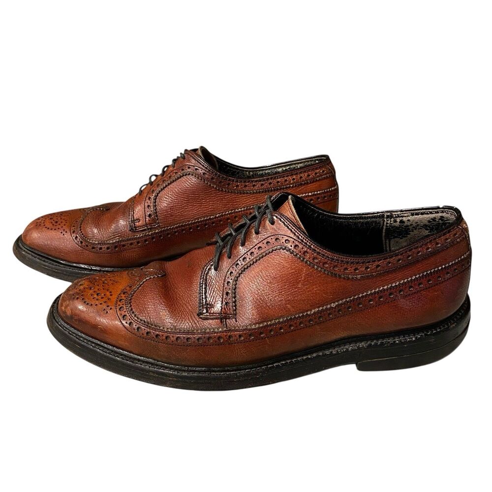 Vintage Wingtip Brogue Dress Shoes Mens 8D Brown Pebbled Leather Lace Up Oxford